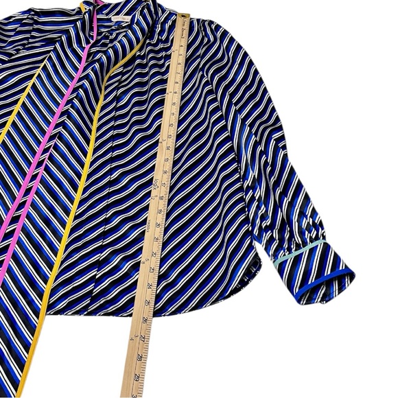 Tory Burch Silk Blue Striped Tie Neck long Sleeves Blouse Size 6 - Picture 11 of 16